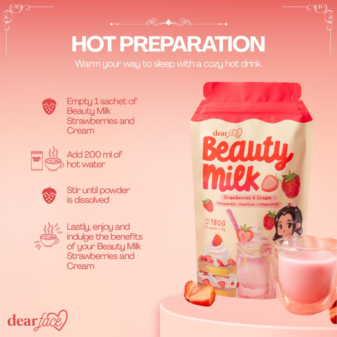 DEAR FACE Beauty Milk Glutathione + Collagen Drink (Strawberries & Cream) 10 Sachets