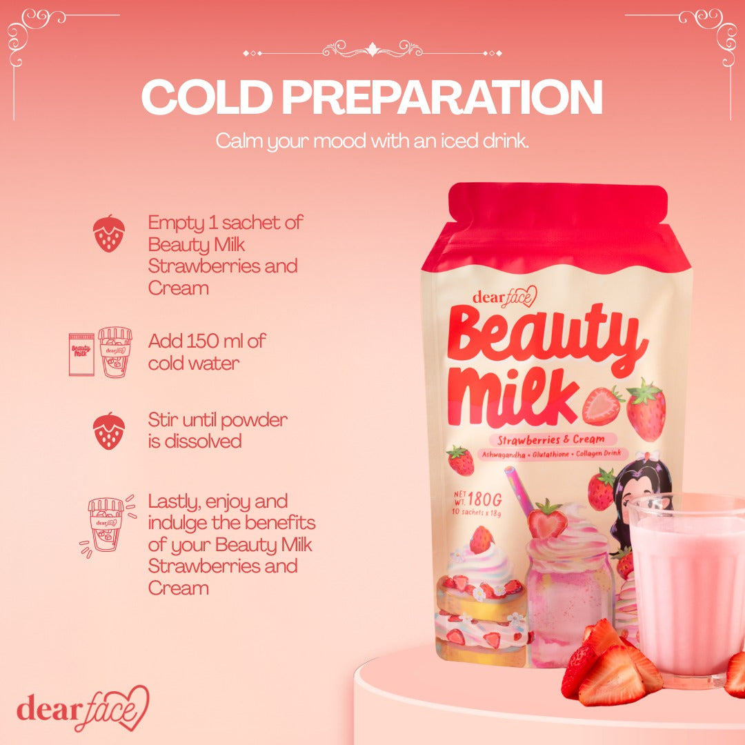 DEAR FACE Beauty Milk Glutathione + Collagen Drink (Strawberries & Cream) 10 Sachets