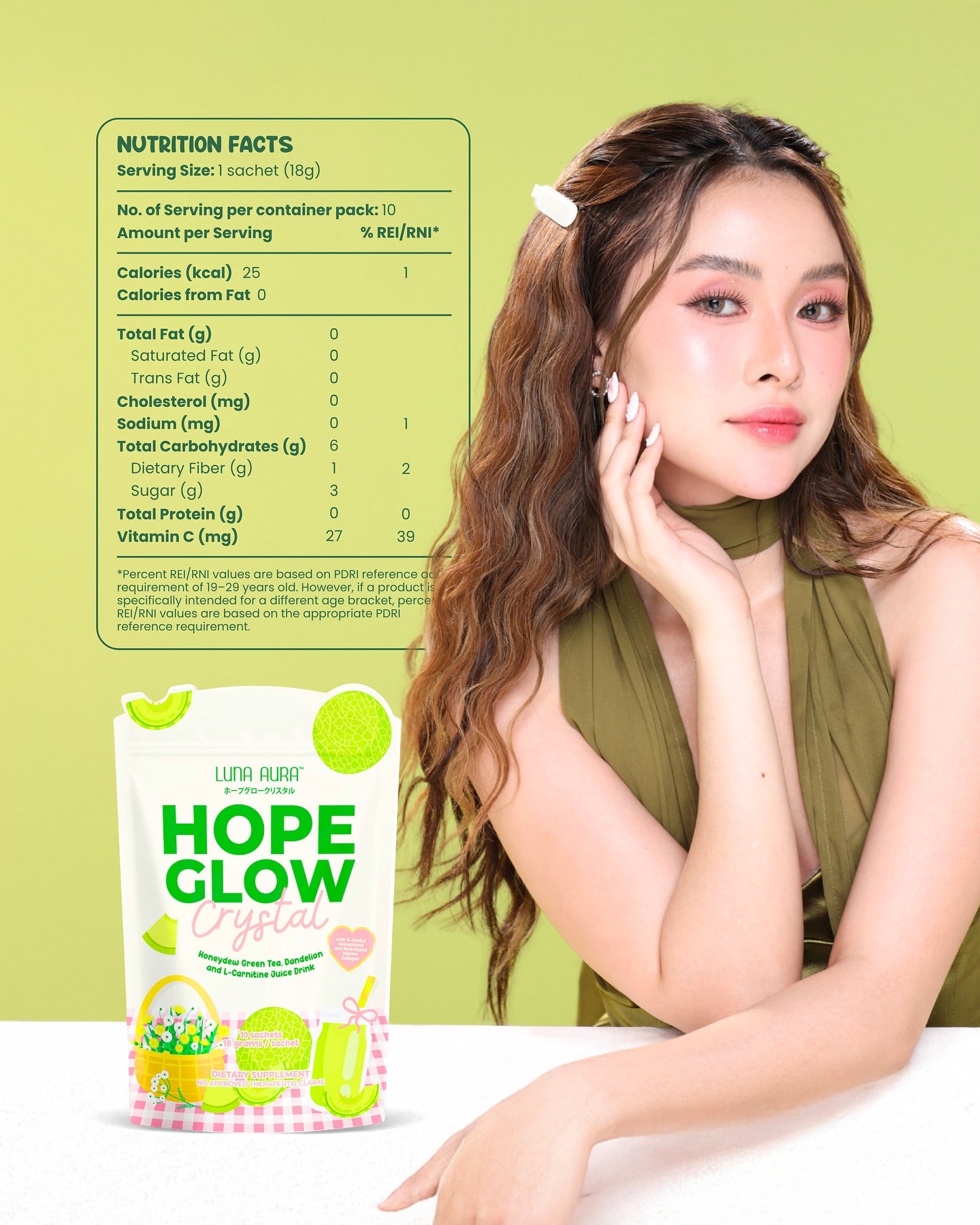 LUNA AURA Hope Glow Crystal L-Carnitine Juice Drink (Honey Dew) 10 Sachets