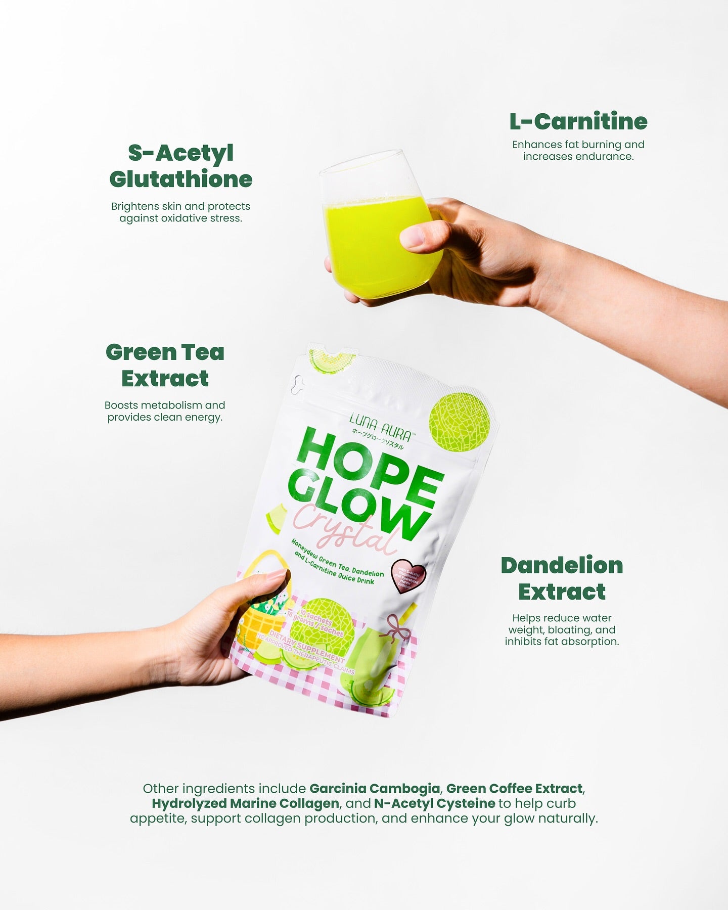 LUNA AURA Hope Glow Crystal L-Carnitine Juice Drink (Honey Dew) 10 Sachets