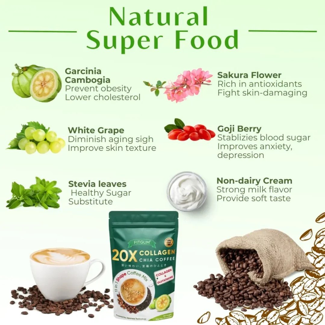 FITGUM 20X Collagen Chia Coffee (11 in 1 Shape Coffee Mix) Net Weight: 120g