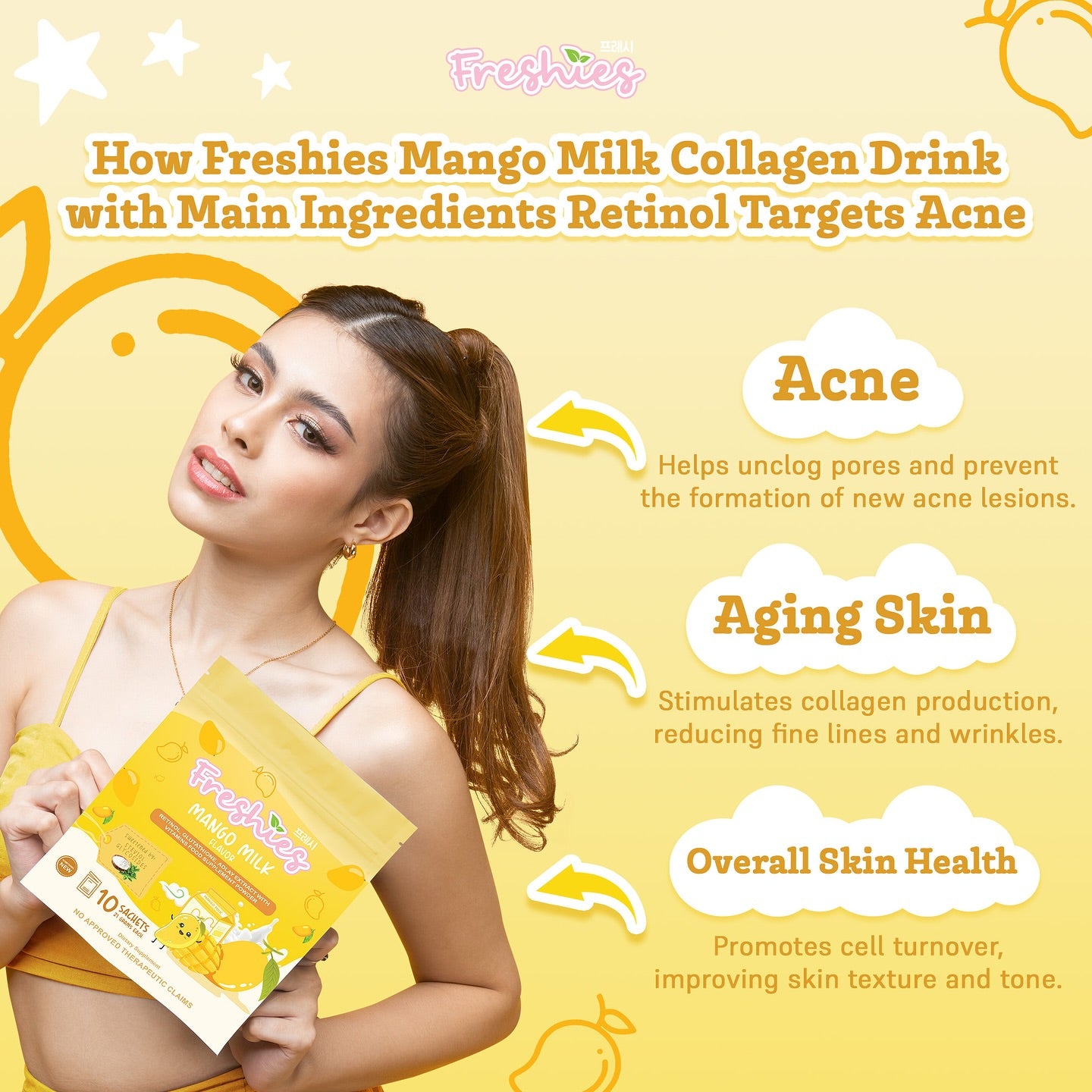 Freshies Mango Milk Drink (Retinol, Glutathione, Adlay Extract Vitamins) 210g (10 Sachets) by Juju Glow