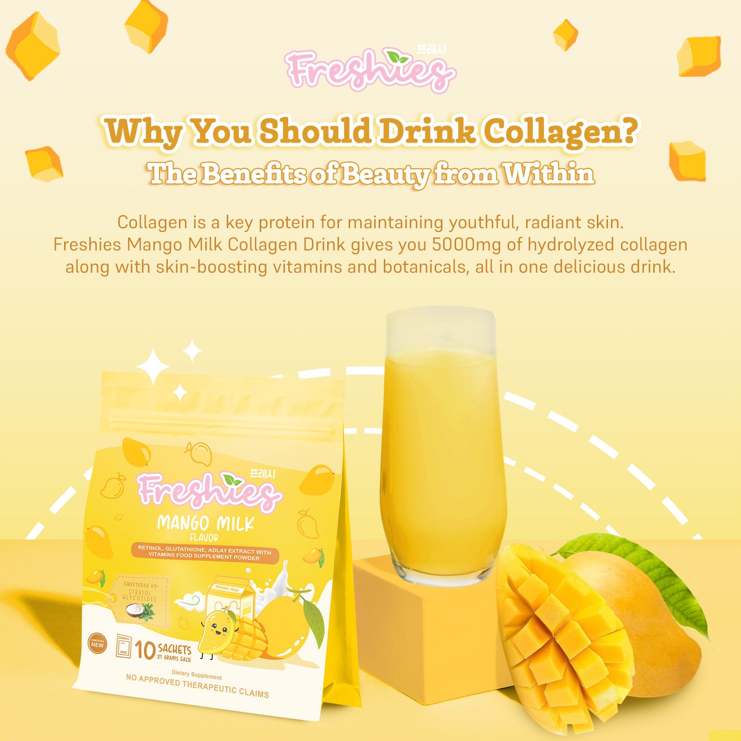 Freshies Mango Milk Drink (Retinol, Glutathione, Adlay Extract Vitamins) 210g (10 Sachets) by Juju Glow