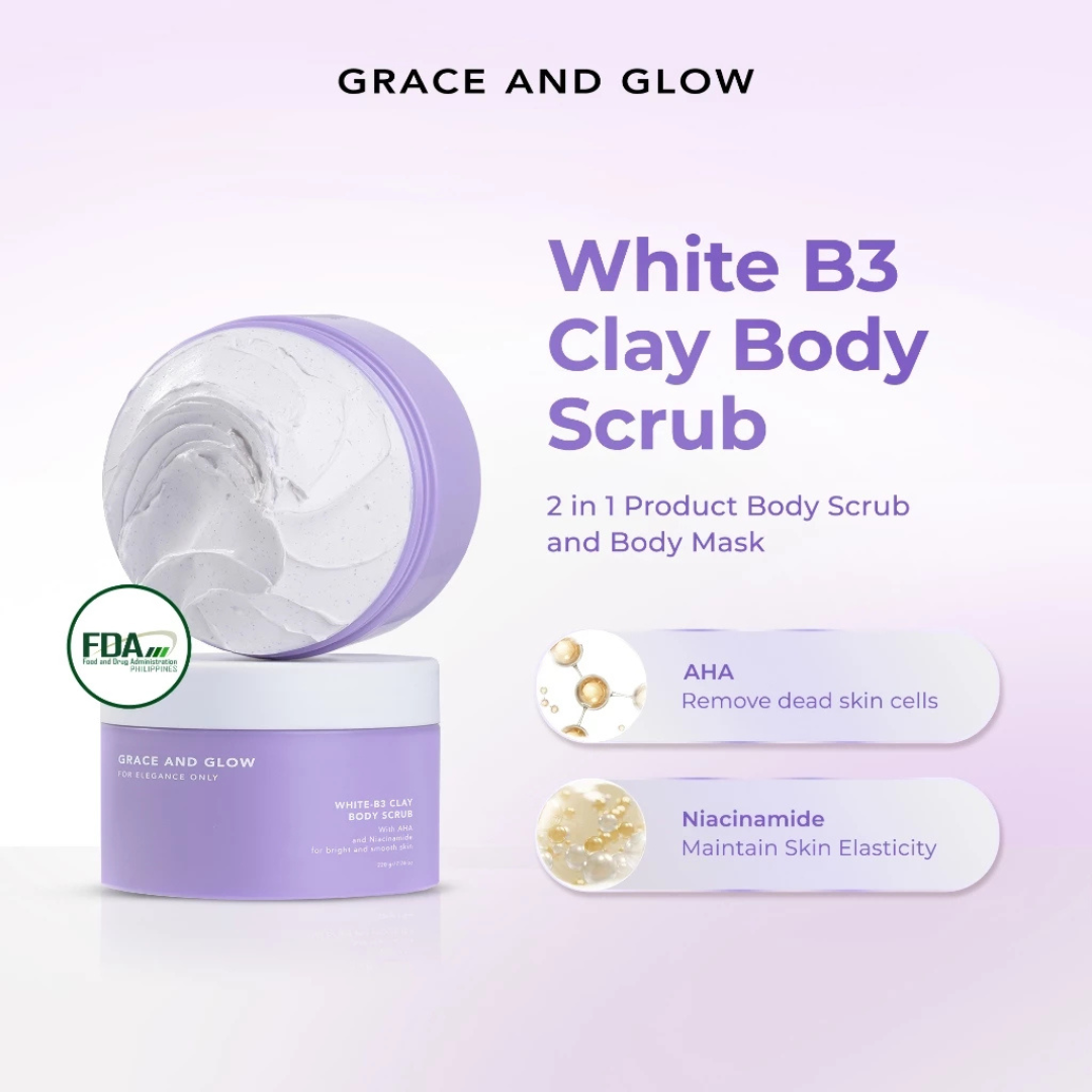GRACE AND GLOW Clay Body Scrub (White-B3, AHA, Niacinamide) 220g