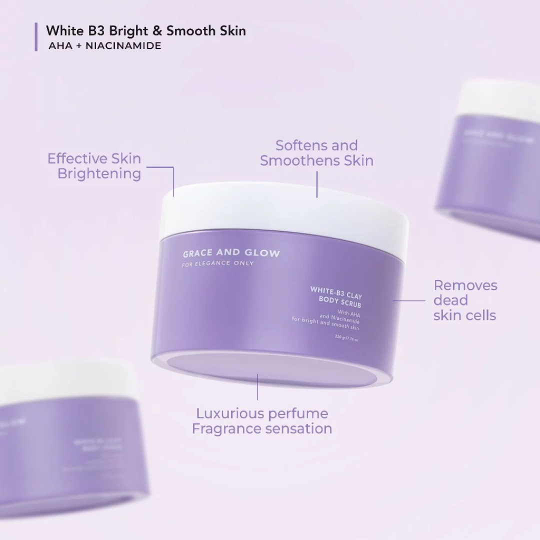 GRACE AND GLOW Clay Body Scrub (White-B3, AHA, Niacinamide) 220g