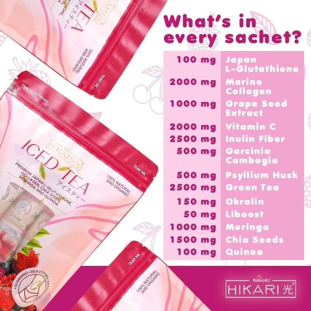 Hikari Premium Japan Iced Tea Mixed Berries (L-Glutathione, Collagen, Chia Seeds, Moringa and Quinoa) 10 Sachet