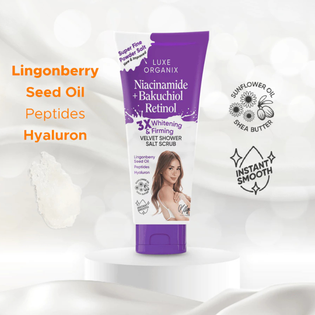 LUXE ORGANIX Velvet Shower Salt Scrub (Niacinamide + Bakuchiol Retinol) 320g
