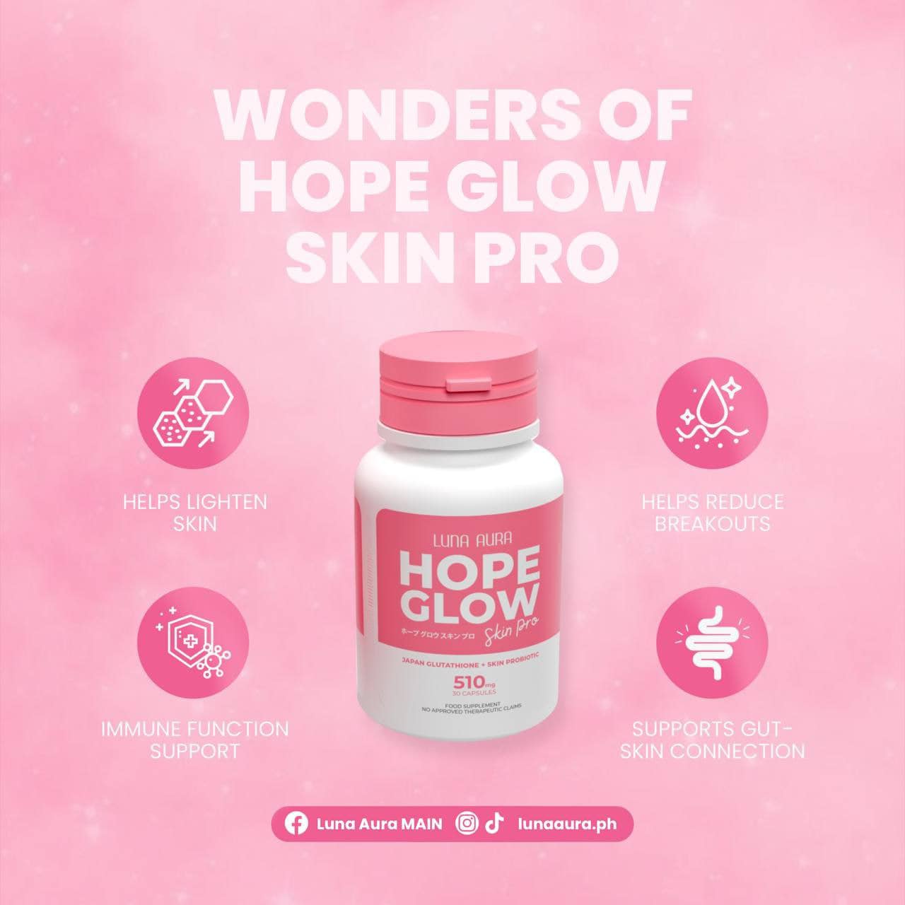 Luna Aura Hope Skin Pro (Japan Glutathione + Skin Probiotic) 510mg 30 Capsules