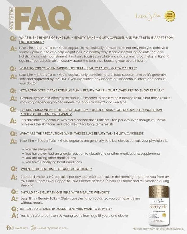 Luxe Slim Beauty Talks (Glutathione, Collagen, Chitosan) 60 Capsules