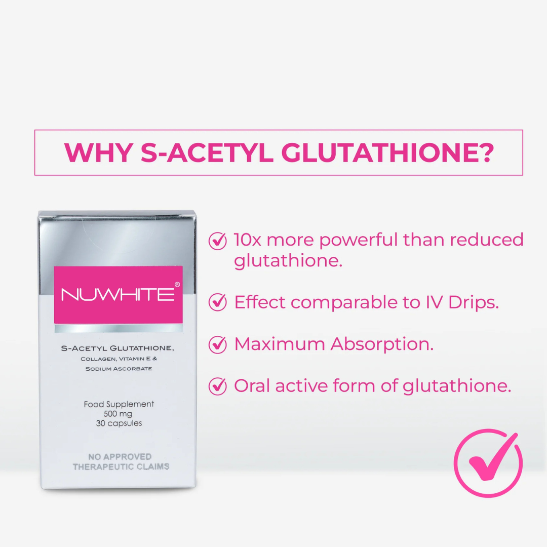 NUWHITE (S-Acetyl Glutathione, Collagen) 500mg - 30 Capsules