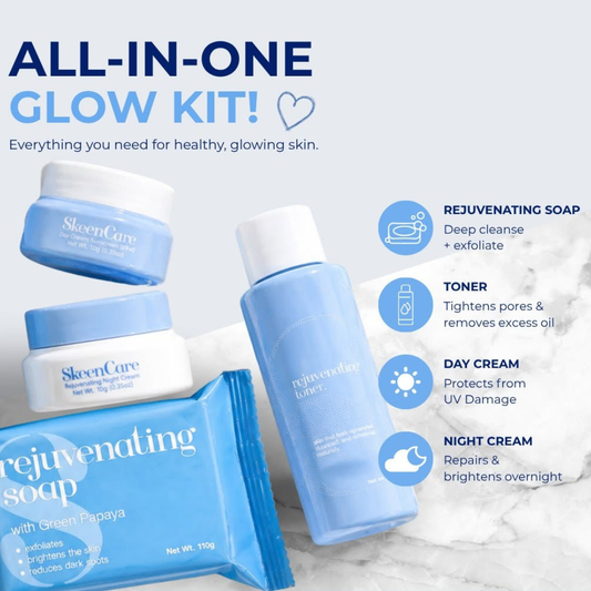 SkeenCare All-In-One Glow Kit skincare set. The kit includes rejuvenating soap, toner, day cream, night cream, and a small jar, in white and light blue packaging.