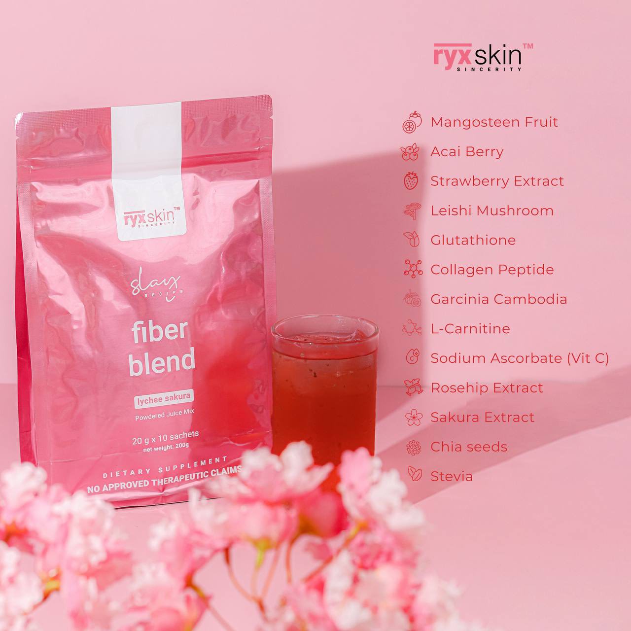 SLAY RECIPE Fiber Blend Powder Juice Drink (Lychee Sakura) by RYXSKIN SINCERITY