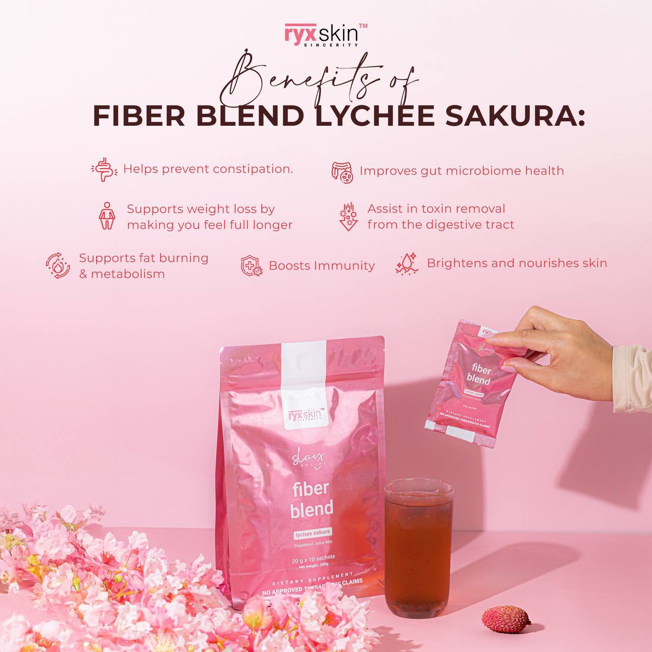 SLAY RECIPE Fiber Blend Powder Juice Drink (Lychee Sakura) by RYXSKIN SINCERITY
