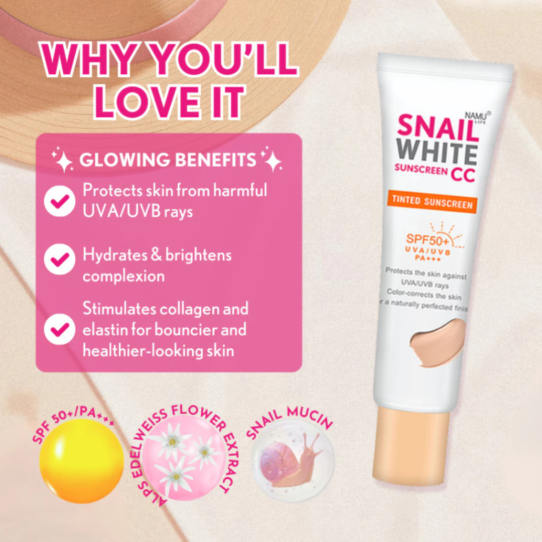 SNAILWHITE Sunscreen CC SPF50+ UVA/UVB PA+++ by NAMU LIFE | Choose Size
