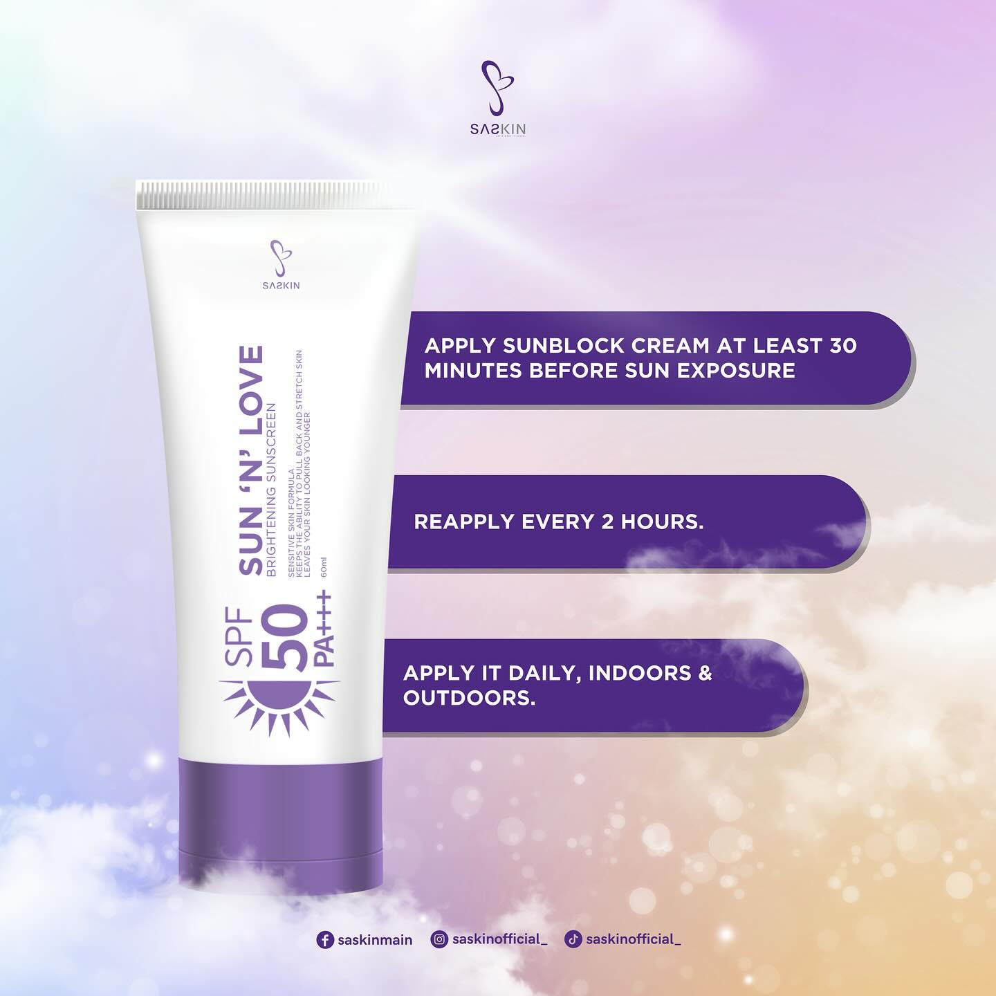 Saskin Sun n Love Brightening Sunscreen SPF50 PA+++ 60ml
