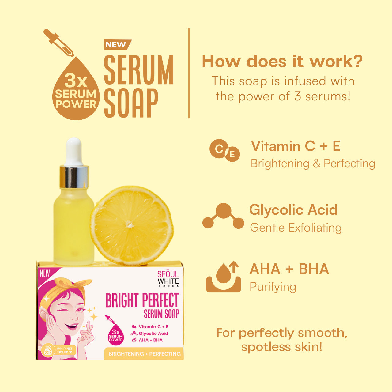 Seoul White Korea Bright Perfect (VITAMIN C+E, GLYCOLIC ACID, AHA+BHA) Serum Soap 90g
