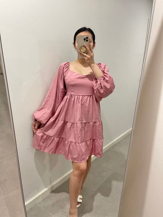 Long Sleeves Mini Dress - Plain rose pink