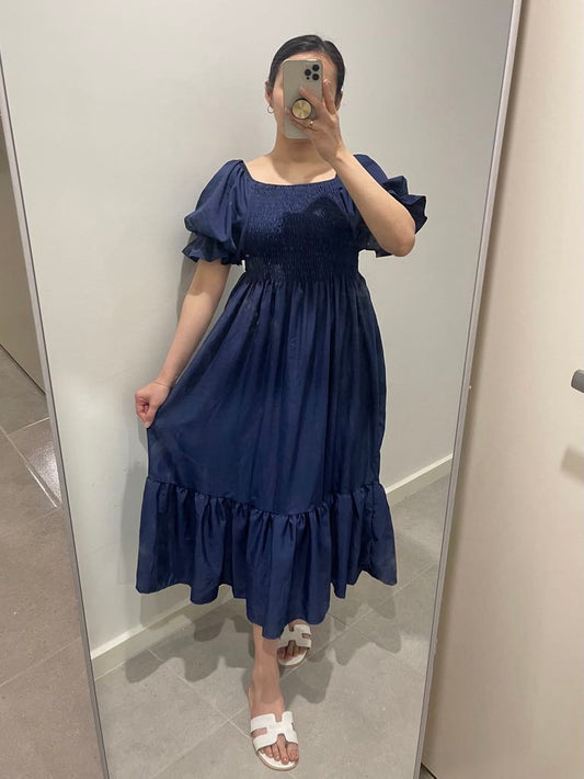 Smock Midi Dress - Plain navy blue