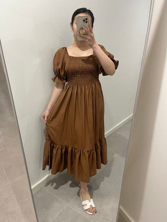 Smock Midi Dress - Plain choco brown
