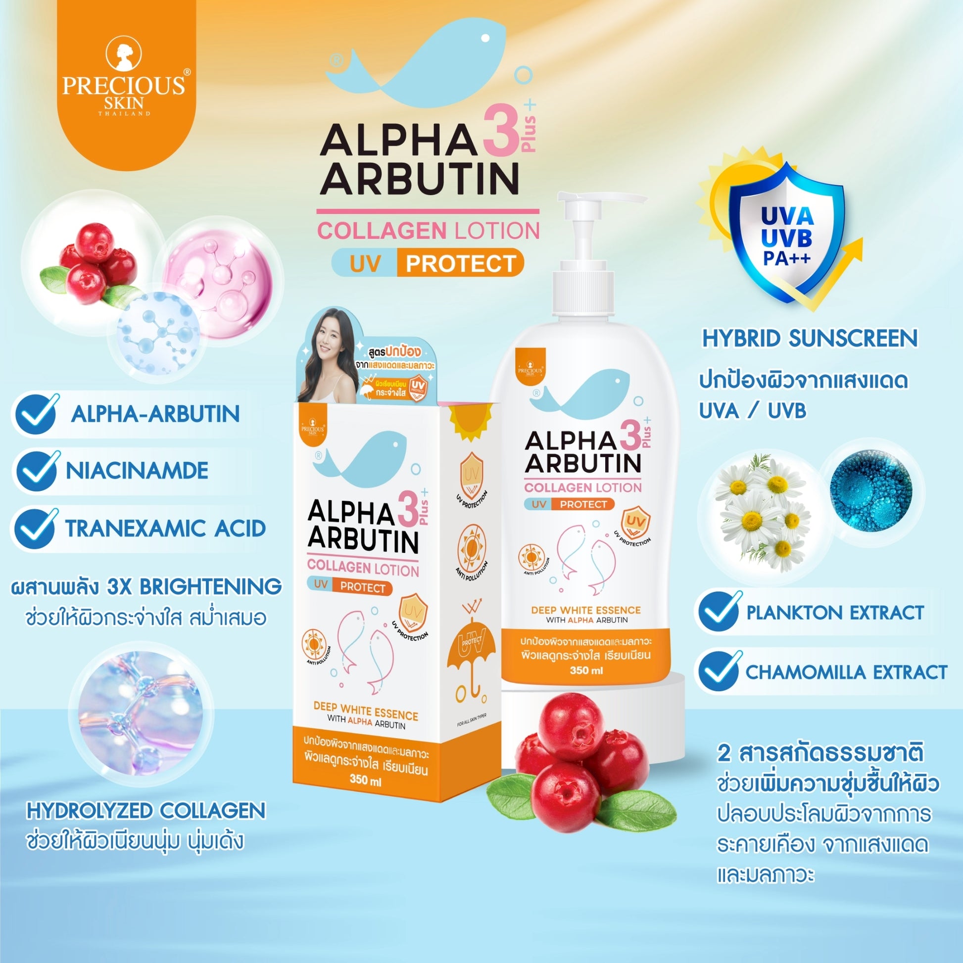 ALPHA ARBUTIN 3+ Plus Collagen Lotion Deep White Essence by Precious Skin Thailand (UV Protect) 350ml