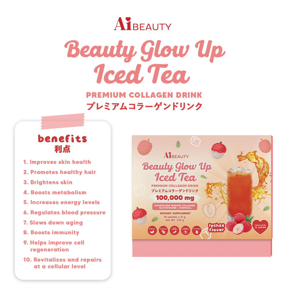 AiBeauty Beauty Glow Up Iced Tea Lychee Premium Collagen Drink (Collagen, Glutathione + Stemcell) Net Wt. 210g