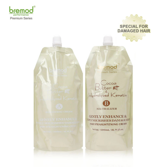 BREMOD Cocoa Butter & Hydrolyzed Keratin Hair Straightening Cream Set (A&B) 500ml