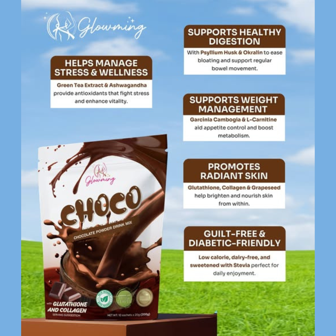 GLOWMING Glutathione & Collagen Drink (Chocolate) by CRIS COSMETICS - 10 Sachets