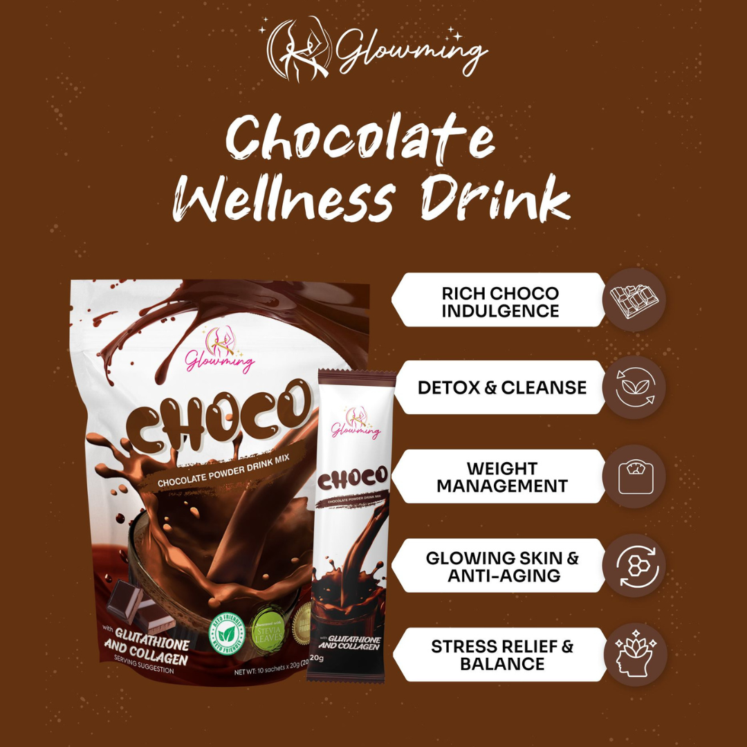 GLOWMING Glutathione & Collagen Drink (Chocolate) by CRIS COSMETICS - 10 Sachets