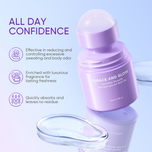 A lavender purple antiperspirant roll-on bottle labeled 'GRACE AND GLOW'