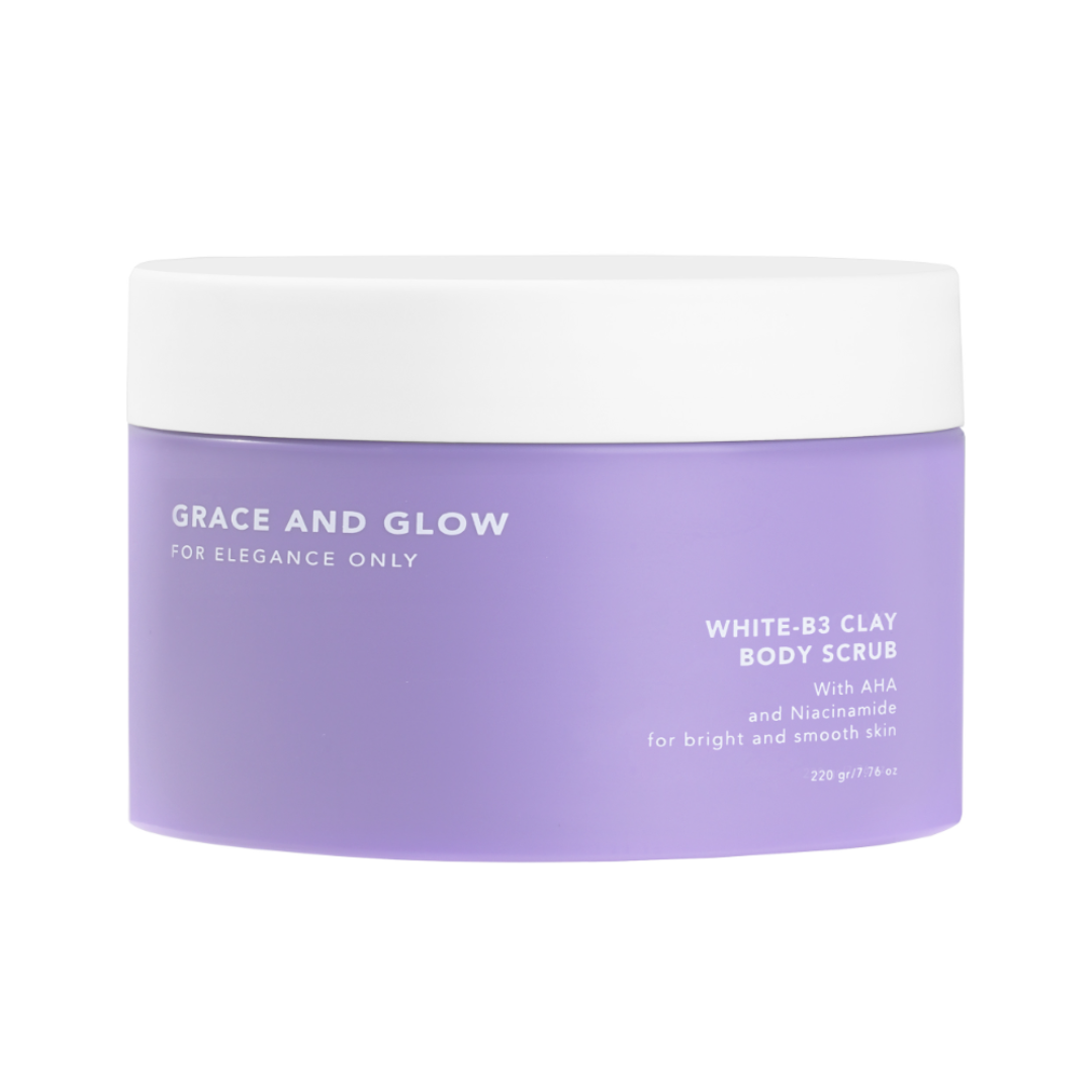 GRACE AND GLOW Clay Body Scrub (White-B3, AHA, Niacinamide) 220g