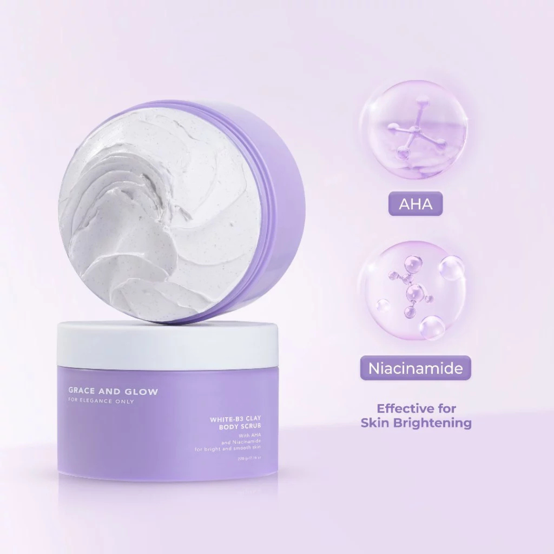 GRACE AND GLOW Clay Body Scrub (White-B3, AHA, Niacinamide) 220g