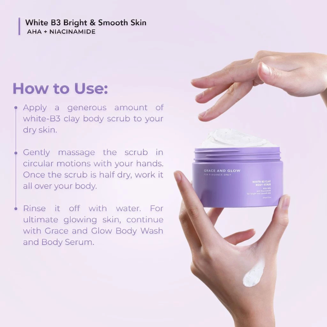 GRACE AND GLOW Clay Body Scrub (White-B3, AHA, Niacinamide) 220g