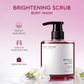 Bottle of 'Grace and Glow' brightening scrub body wash with a pink background and product benefits listed.