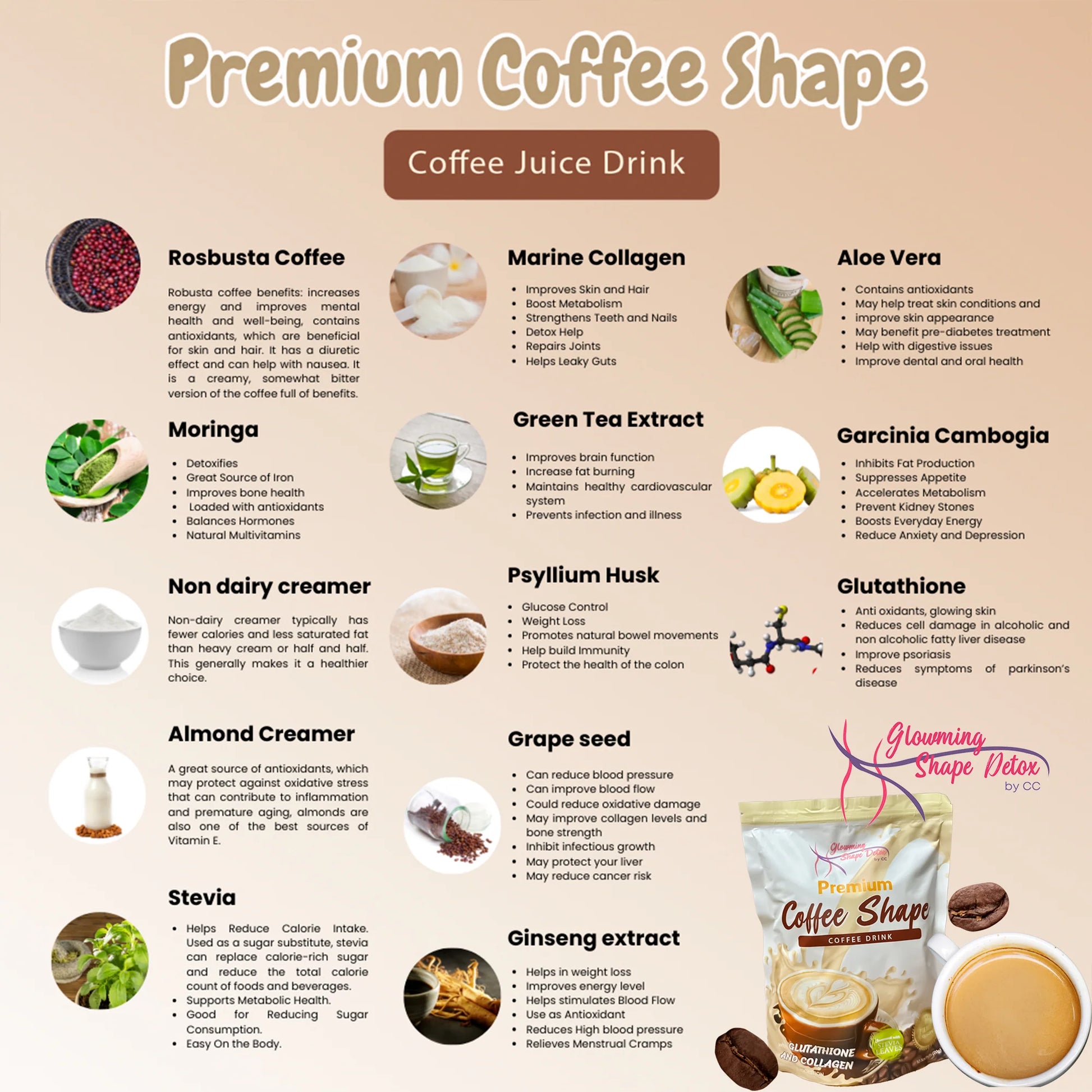 Glowming Shape Detox Premium Coffee Shape Drink (Glutathione & Collagen) by Cris Cosmetics - 10 Sachets