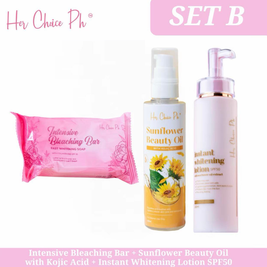 HER CHOICE PH Set B (Intensive Bleaching Bar + Sunflower Beauty Oil + Instant Whitening Lotion)