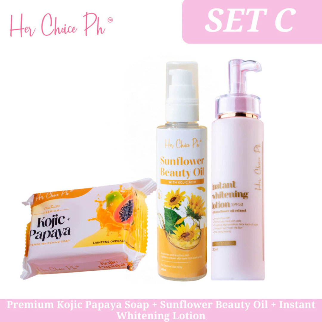 HER CHOICE PH Set C (Premium Kojic Papaya Soap + Sunflower Beauty Oil + Instant Whitening Lotion)