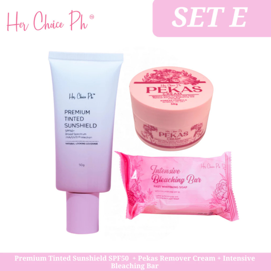 HER CHOICE PH Set E (Premium Tinted Sunshield SPF 50 + Pekas Cream + Intensive Bleaching Bar)