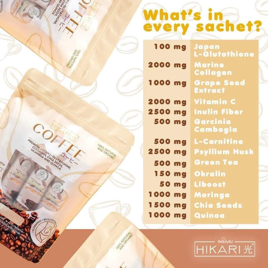 Hikari Premium Japan Coffee Mocha (L-Glutathione, Collagen, Chia Seeds, Moringa and Quinoa) 10 Sachet