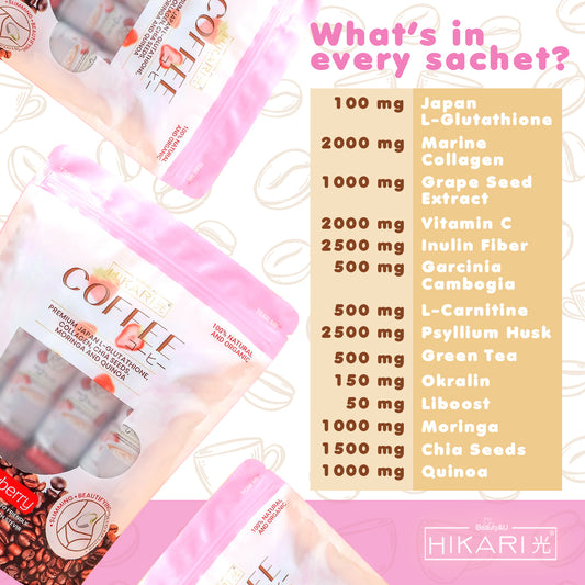 Hikari Premium Japan Coffee Strawberry (L-Glutathione, Collagen, Chia Seeds, Moringa and Quinoa) 10 Sachet