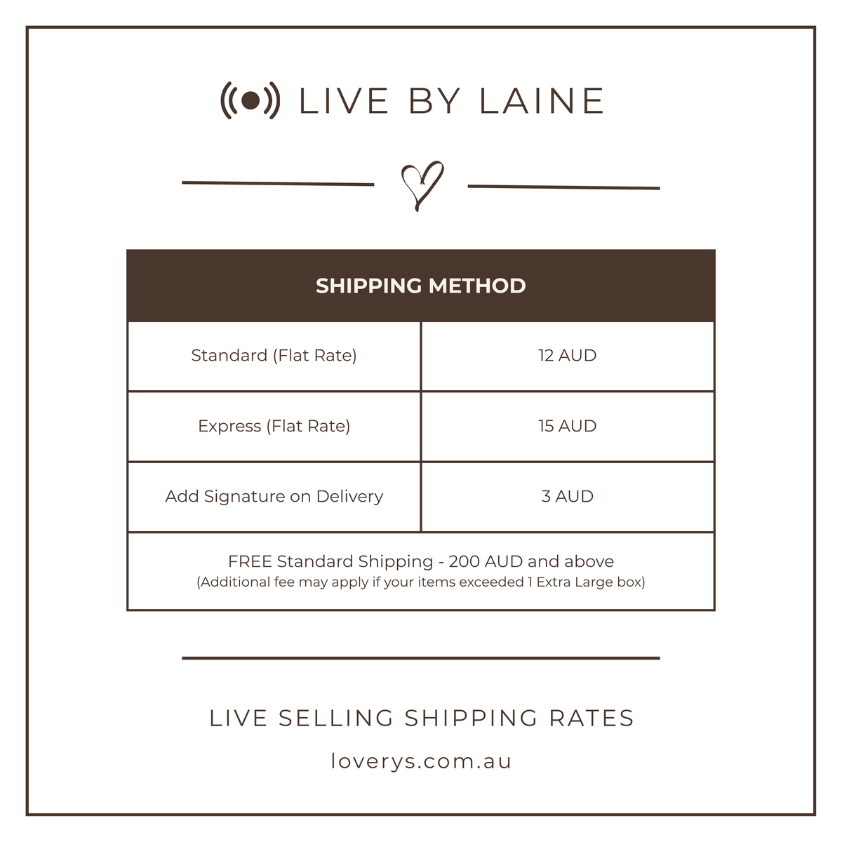 LIVE BY LAINE Shipping rates