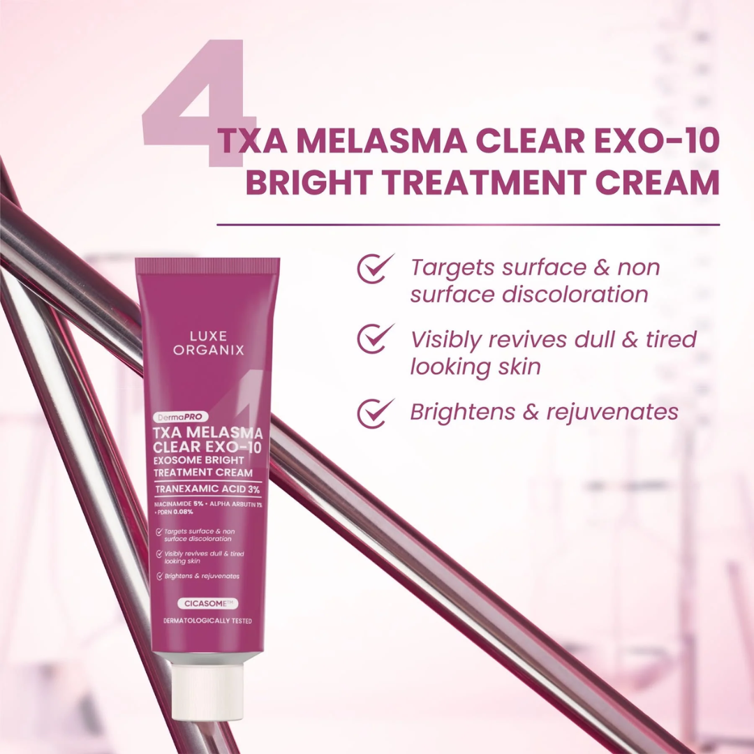 Luxe Organix TXA Melasma Clear EXO-10 Bright Treatment Cream with product details