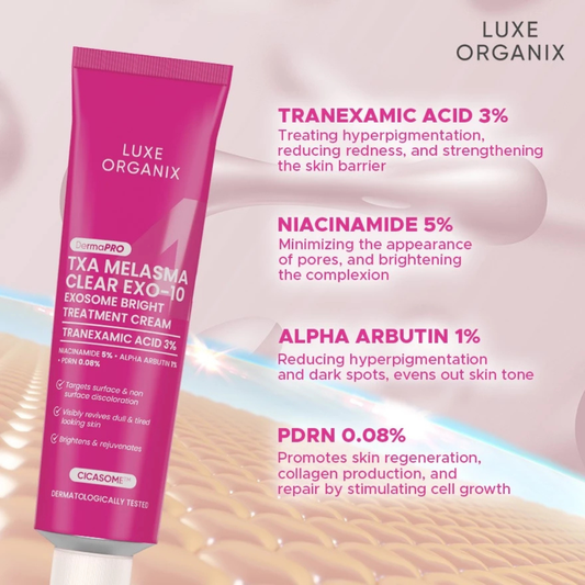 Luxe Organix skin care cream tube with product features on a pink background