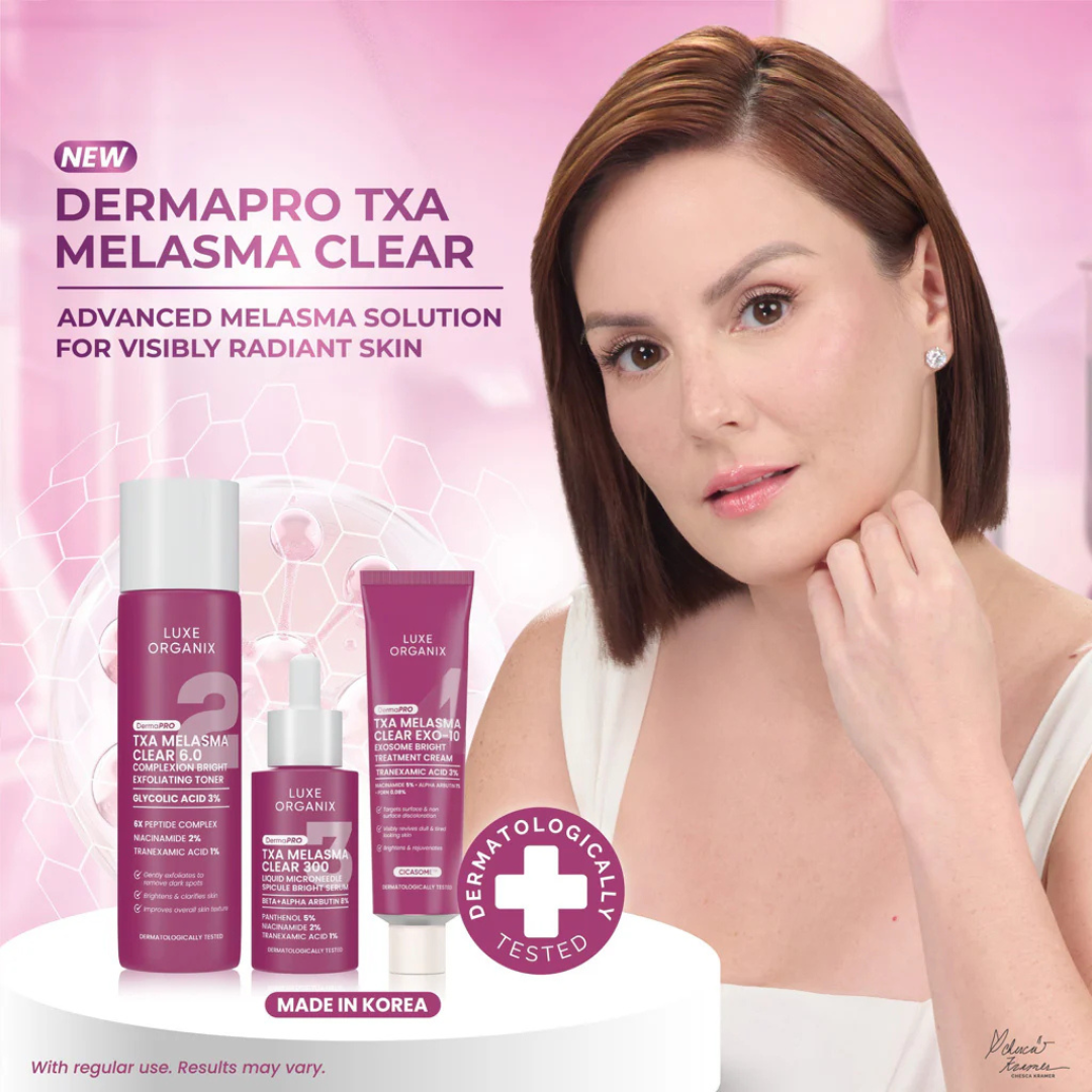 Advertisement for Dermapro TXA Melasma Clear skin care products with a woman and product bottles on a pink background.