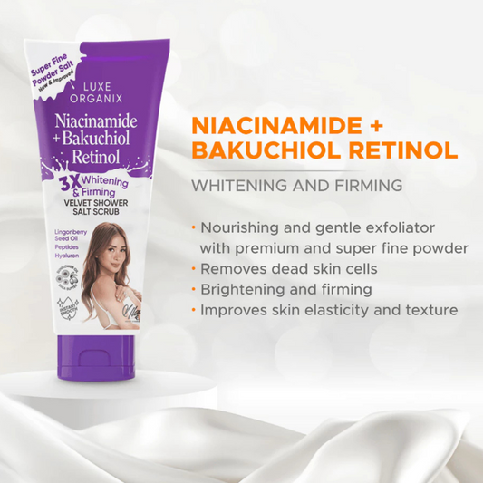 LUXE ORGANIX Velvet Shower Salt Scrub (Niacinamide +  Bakuchiol Retinol) 320g