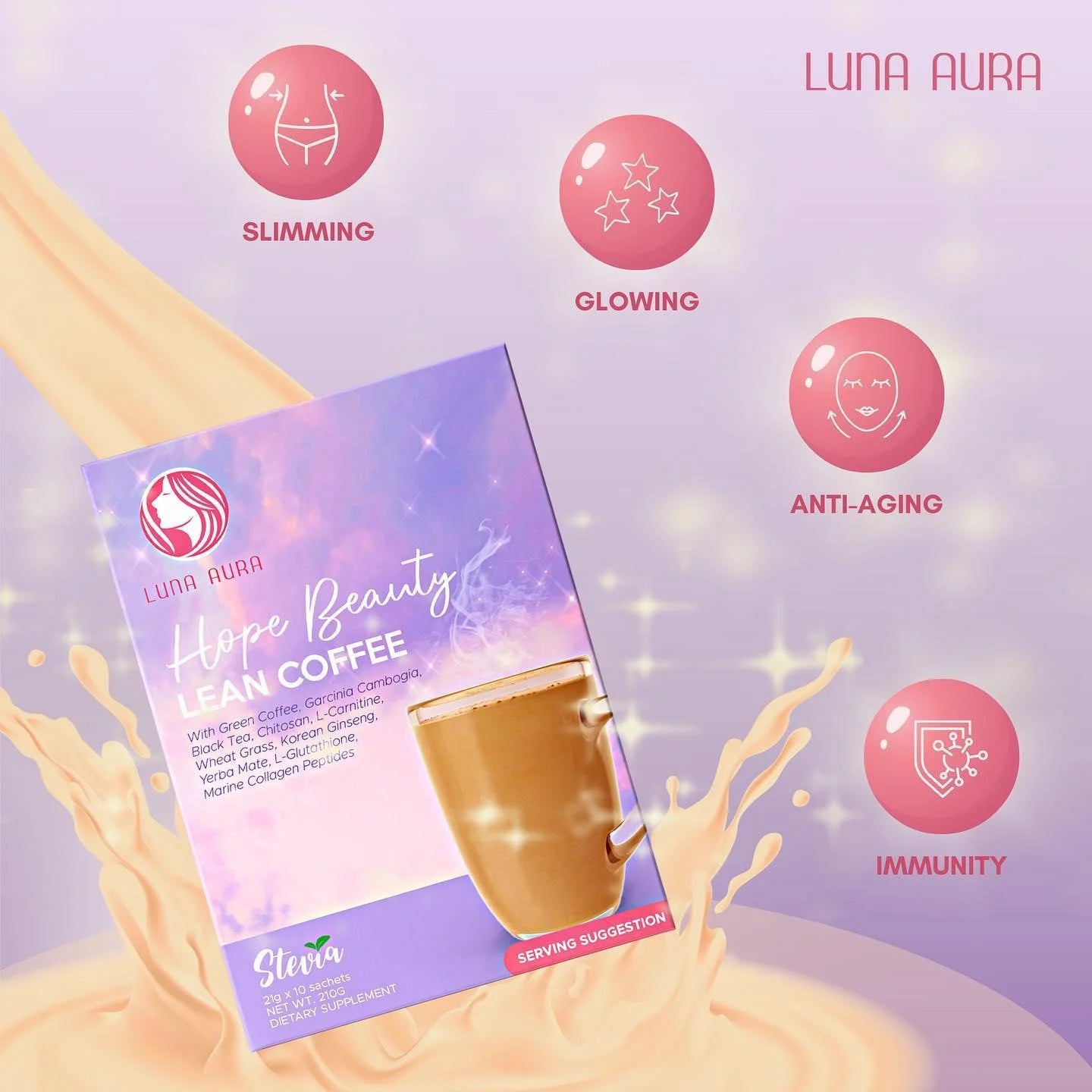 Luna Aura Hope Beauty Lean Coffee (Glutathione, Collage, Slimming ) 10 Sachets