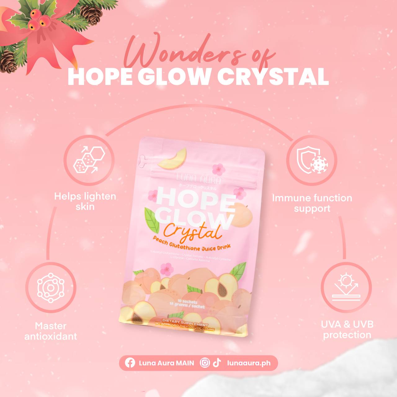 Luna Aura Hope Glow Crystal Peach Glutathione Juice Drink