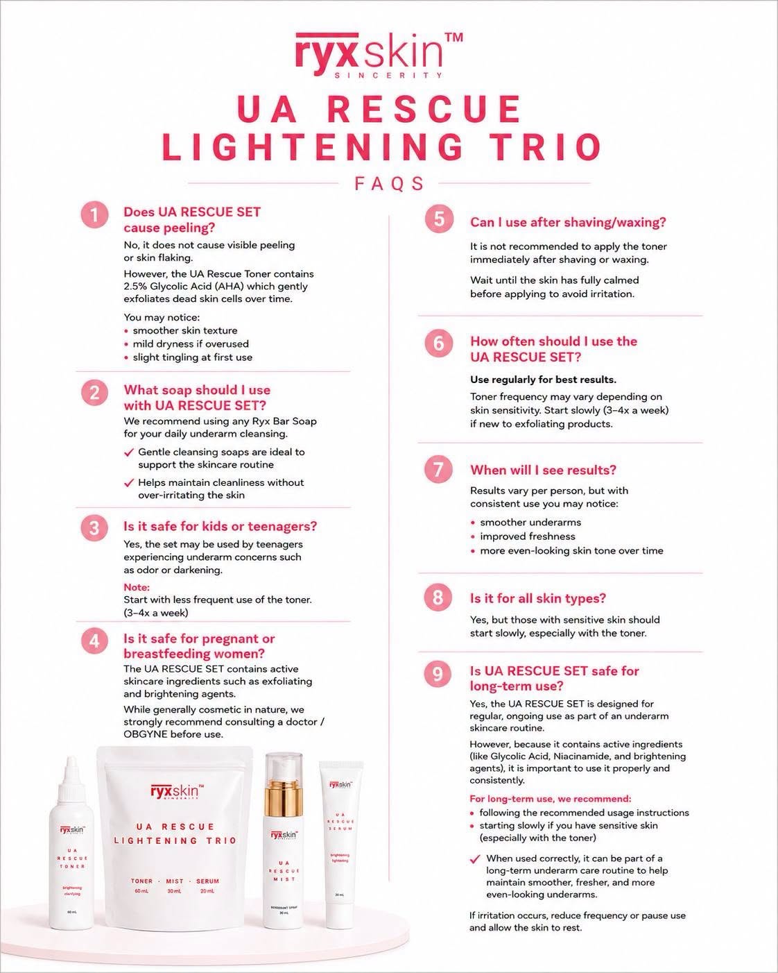 RYXSKIN UA Rescue Lightening Trio (Toner, Mist, Serum) faqs