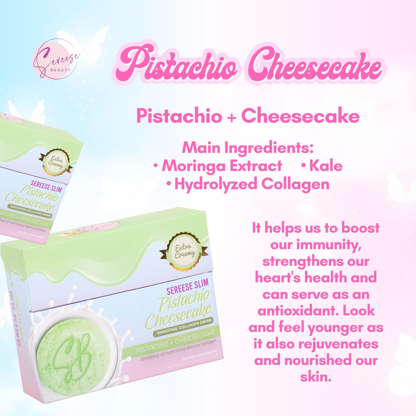 Sereese Slim Pistachio Cheesecake Glutathione Smoothie Collagen Drink 210g (10 Sachets)