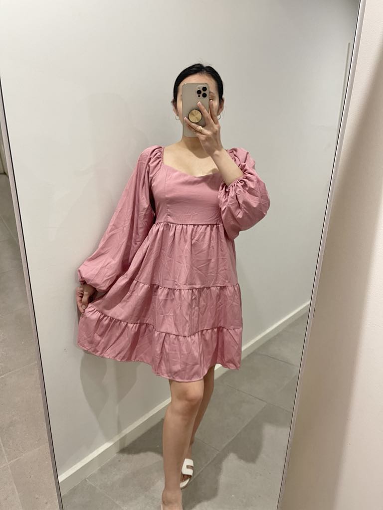 Long Sleeves Mini Dress - Plain rose pink