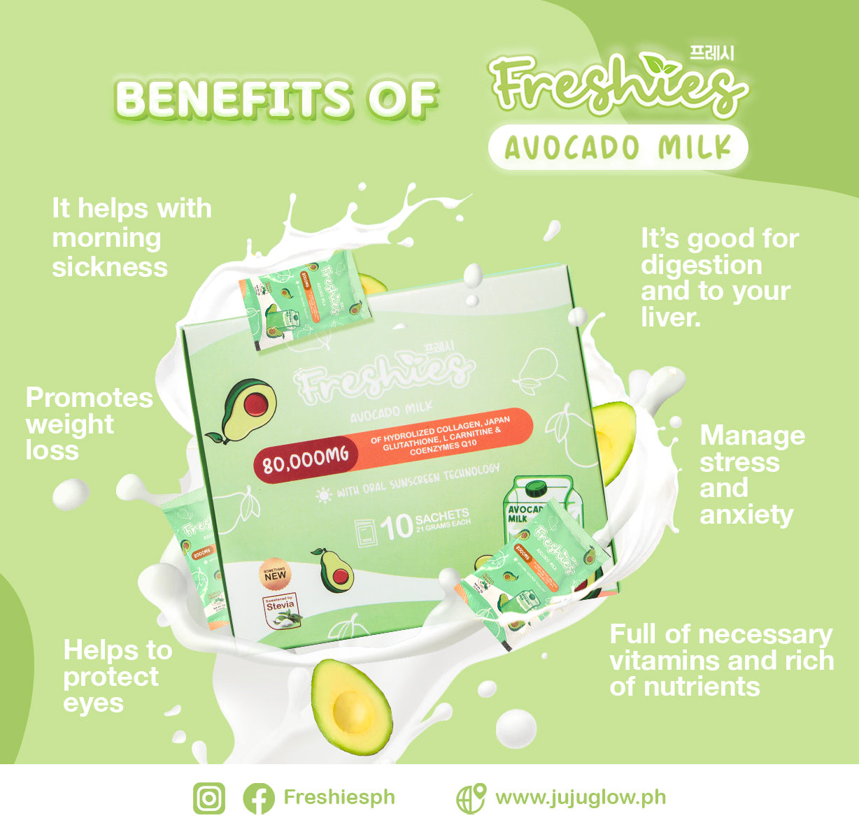 Freshies Avocado Milk Drink (Collage, Glutathione, L-Carnitine) 210g (10 Sachets)